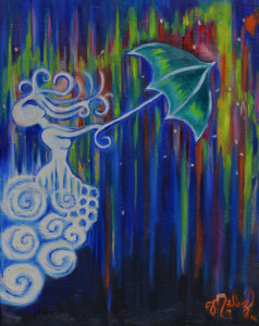 Painting of a white and cloudy woman hold an umbrella in the storm